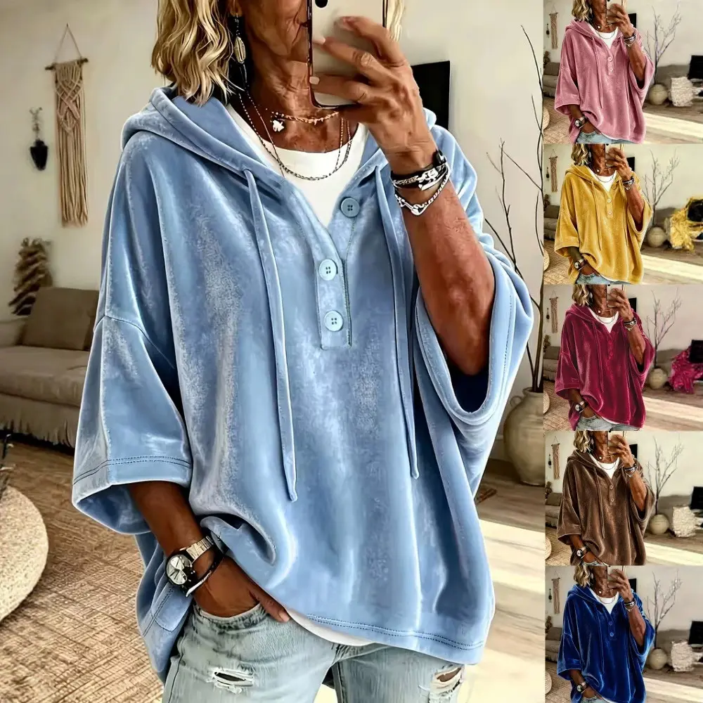 Hooded Drawstring Sweatshirt Golden Velvet Outerwear Loose-fitting