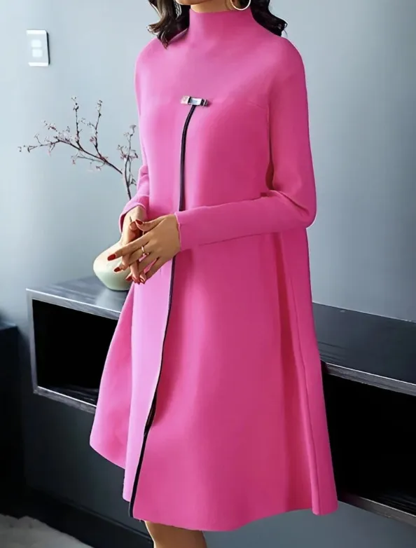 Elegant Solid Color Long Sleeve Turtleneck Slimming Large Hem Dress Rose Red - Shop at LoveMi