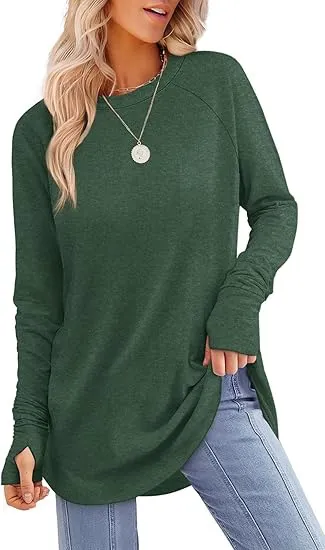Solid Color Split finger Long sleeved Shirt Loose Mid length Dark Green - Shop at LoveMi