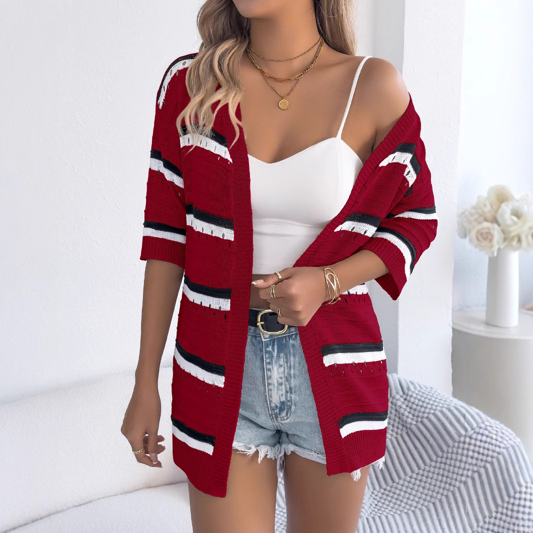 Womens Casual Striped Hollowed-Out Knitted Top With Three-Quarter Sleeves