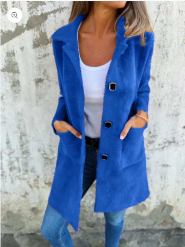 Single breasted Polo Collar Pocket Mid length Coat Blue - Shop at LoveMi