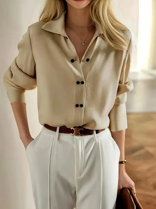 Pleated Elegant Long Sleeve Top Women Khaki - Shop at LoveMi