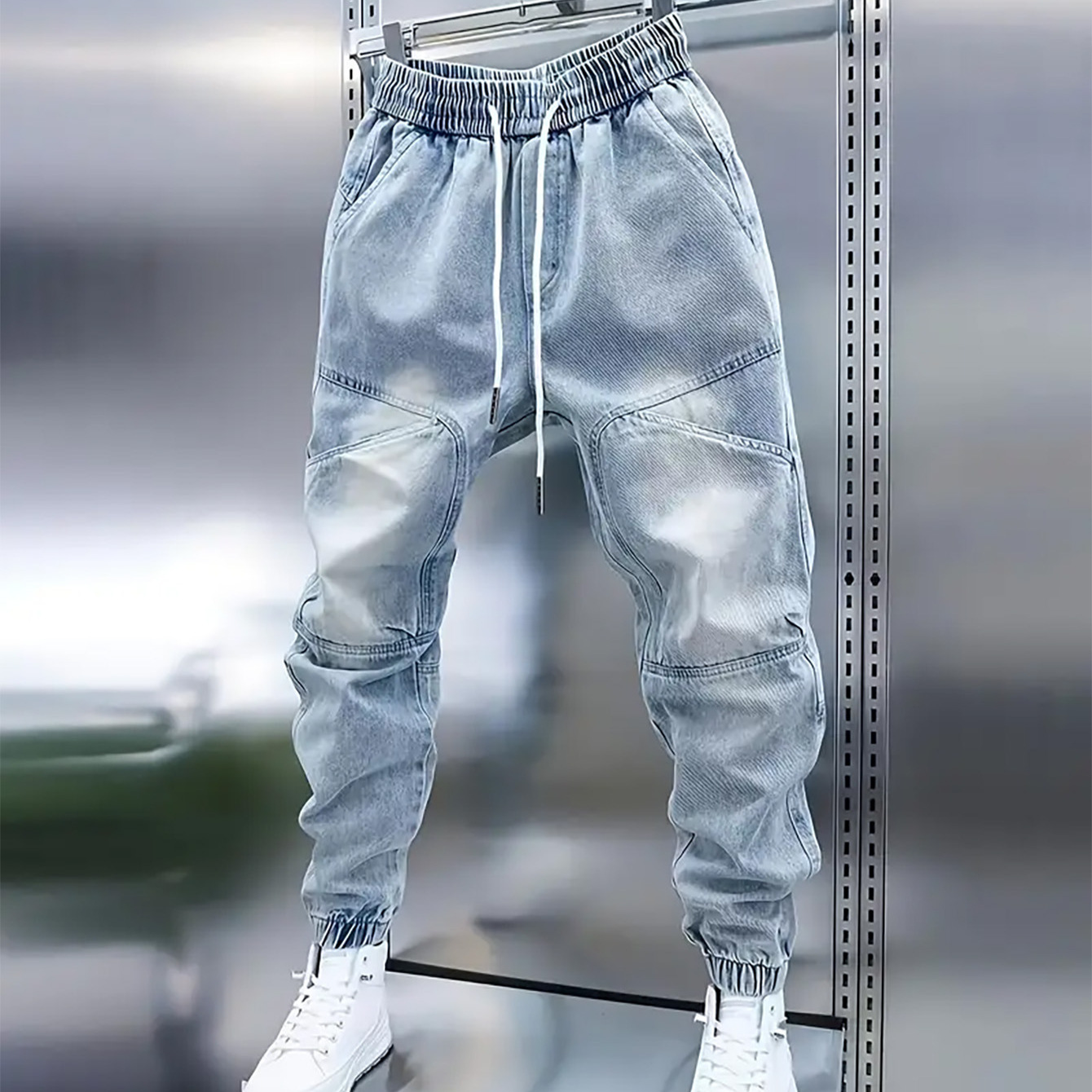 $13.10 Men's New Light Blue Jeans Elastic Ankle Banded Pants