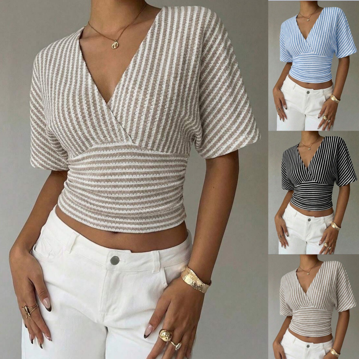V-neck Knitted Fashion Casual Womens Striped