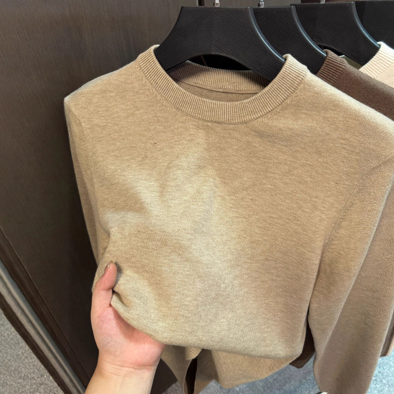 Crew-neck Casual Long-sleeve Solid-color Knit Bottoming Shirt