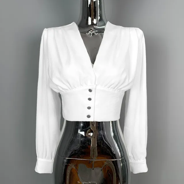 Slim Fit Waist Trimming Short Navel Sexy Deep V neck Elegant Long Sleeve Blouse Ladies Milky White - Shop at LoveMi