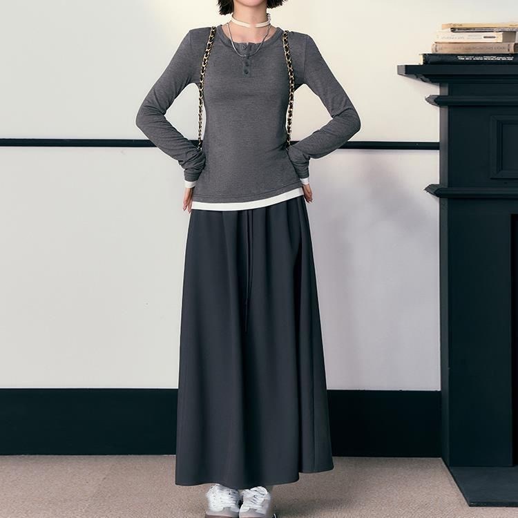 Commuter Fake Two-piece Long-sleeved Top Drawstring A- Line Skirt Suit