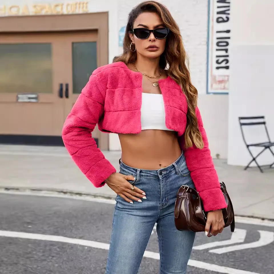 Women's Collarless Ultra-short Imitation Fur Coat Top - Rose