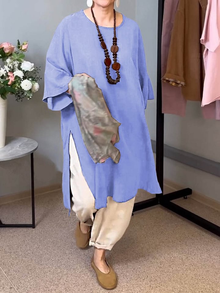 Summer New Solid Color Round Neck 34 Sleeves Casual Linen Split Long Upper Outer Garment Sky Blue - Shop at LoveMi
