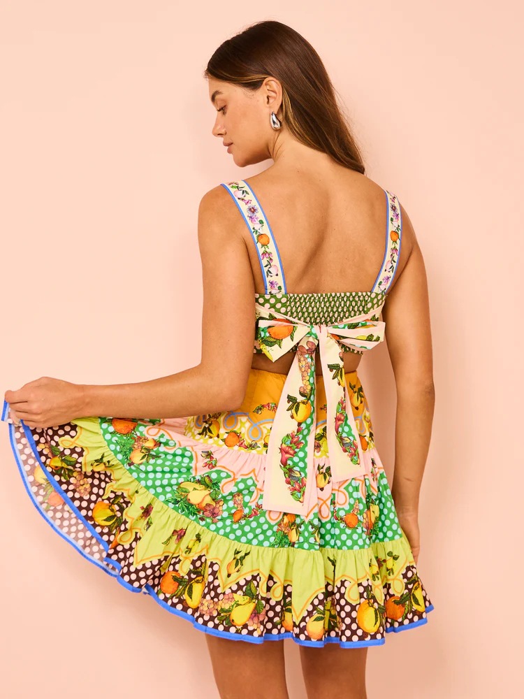European And American Casual Fashion Printing Sleeveless Smocking Stitching Tied Dress