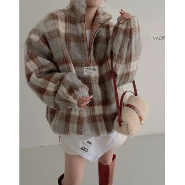 Autumn And Winter Niche Temperament Stand Collar Plaid Woolen Sweater For Women Brown - Shop at LoveMi