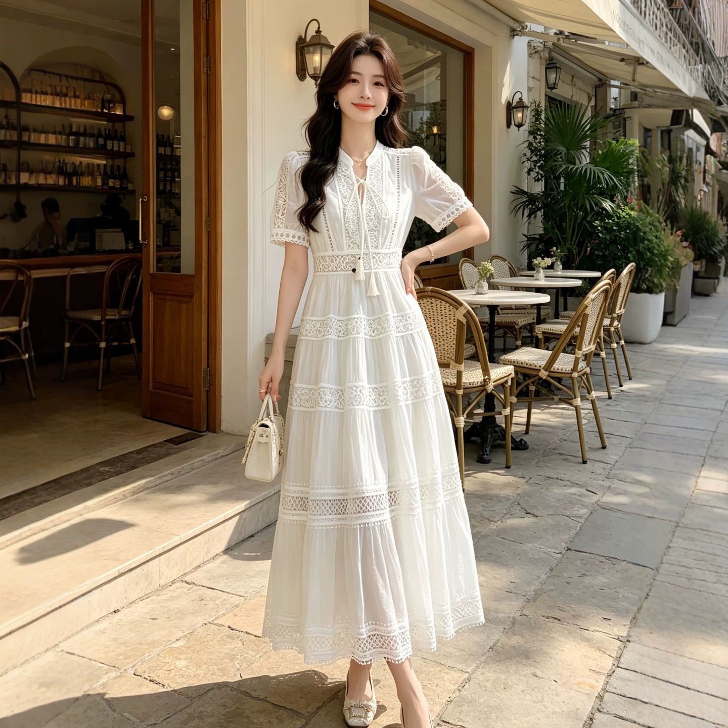 Womens French-style Intricately Crafted Lace Hollow-out V-neck Dress