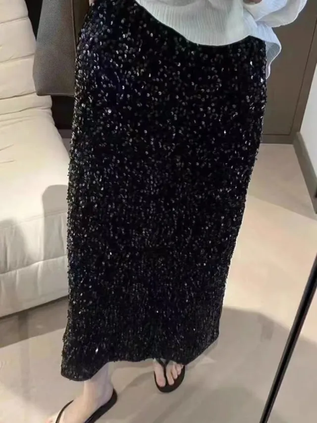 Women's Elegant Fashion High Waist Slimming Sequined Skirt Glitter Open Skirt - Shop at LoveMi