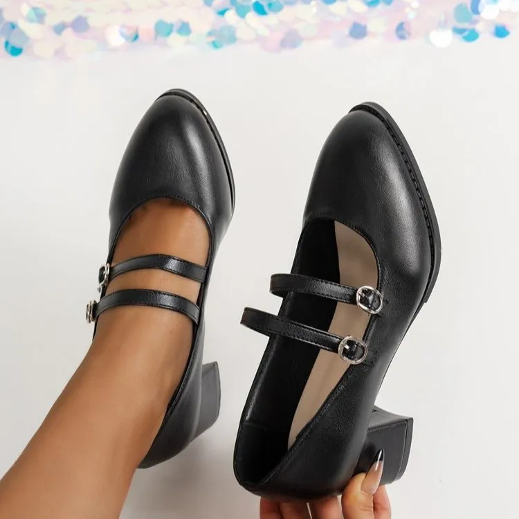 Plus Size Retro Pointed Low-cut Chunky Heel Shoes - Black