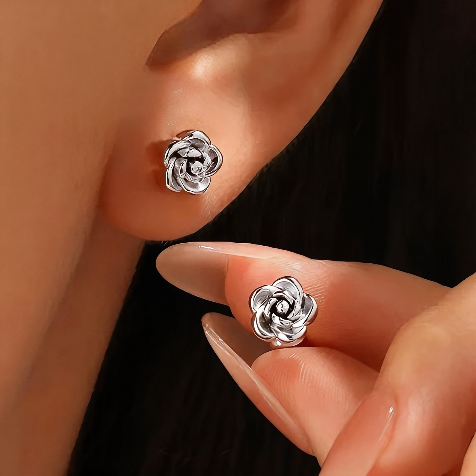 316L Stainless Steel Rose Flower Earrings Studs