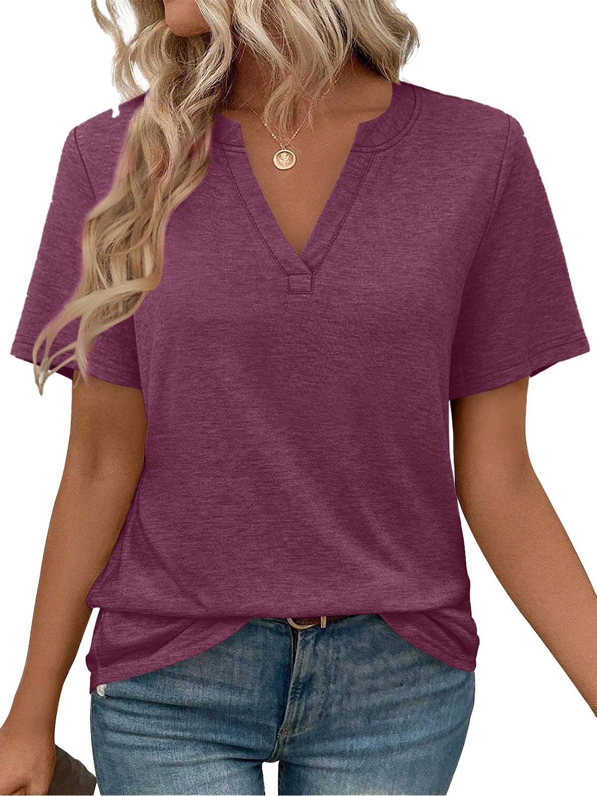 Womens T-shirt With V-neck Loose-fit Casual Solid-color Top