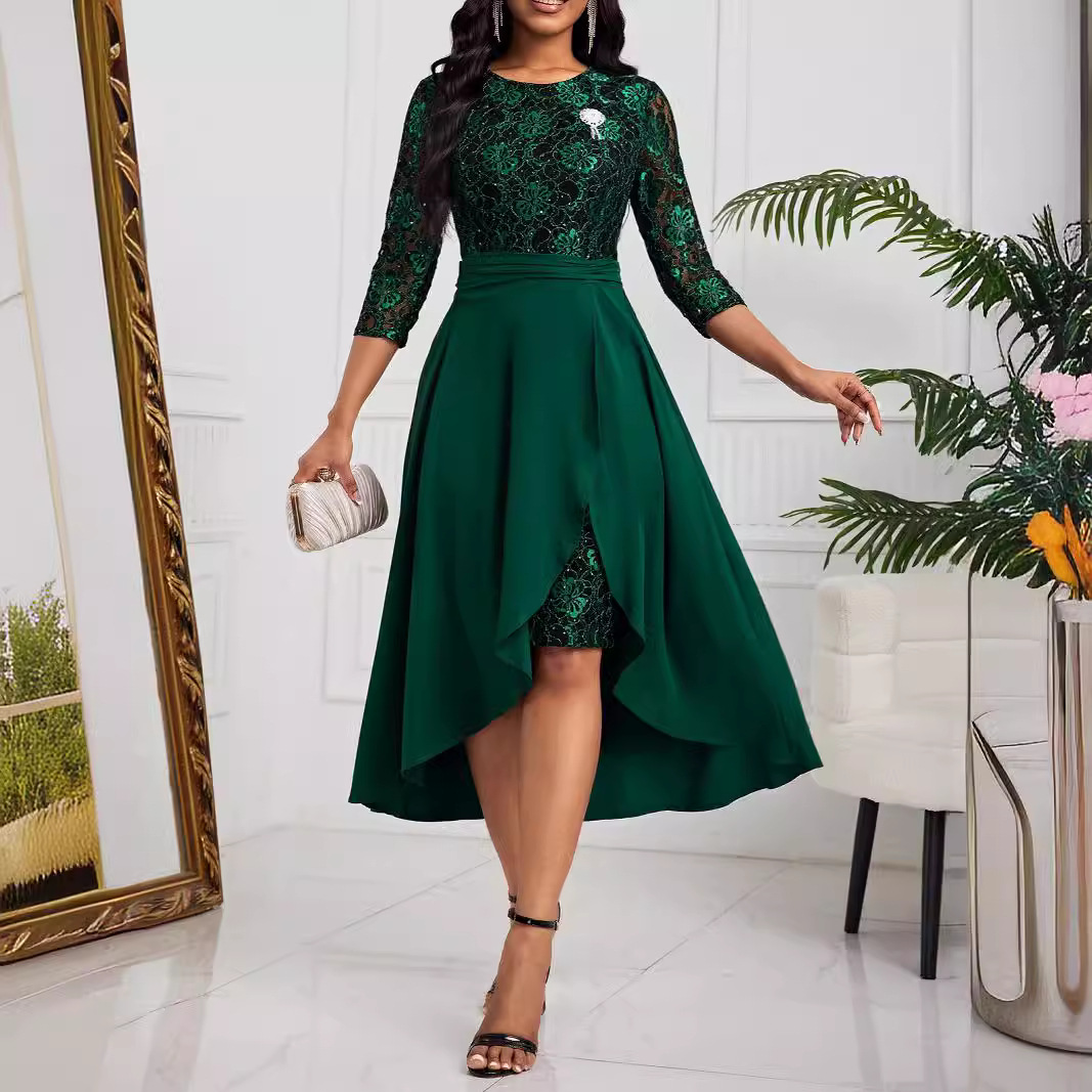 Women's Solid Color Lace Stitching Casual Dress