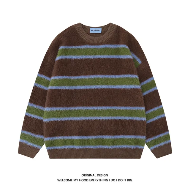 Autumn New Style Fried Street Vintage Stripe Casual Sweater Brown - Shop at LoveMi