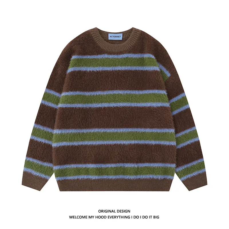 Autumn New Style Fried Street Vintage Stripe Casual Sweater - Brown