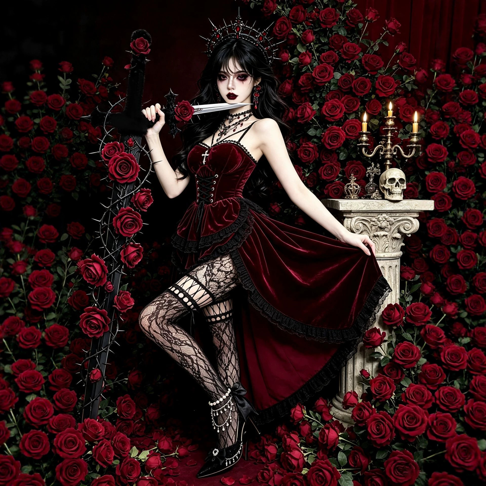 Burgundy Velvet Corseted Mermaid Gown Dark Queen Cosplay Costume