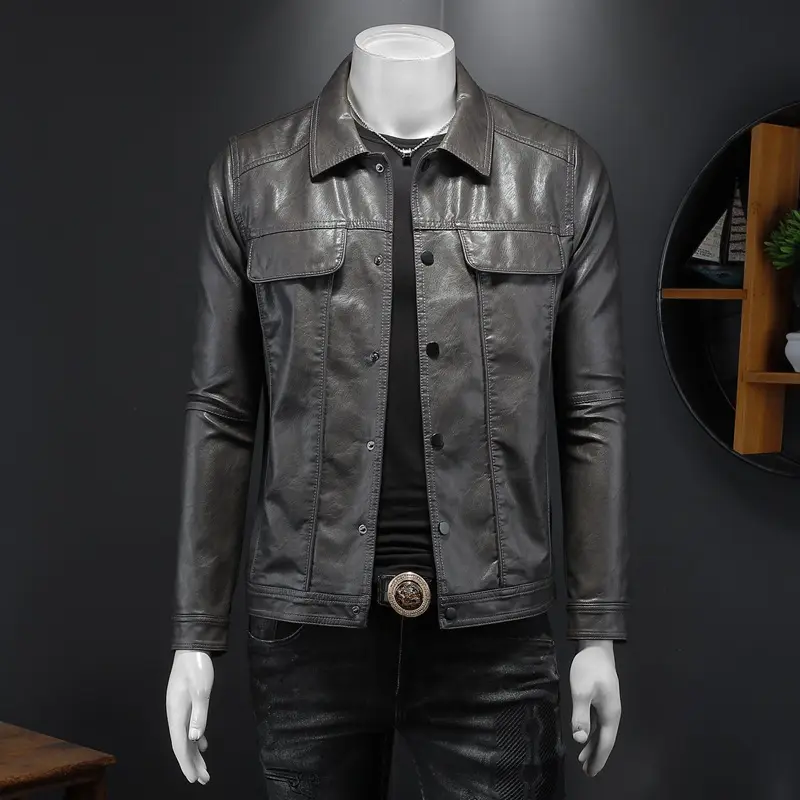 Men's Long-sleeved Lapel Motorcycle Pu Handsome Leather