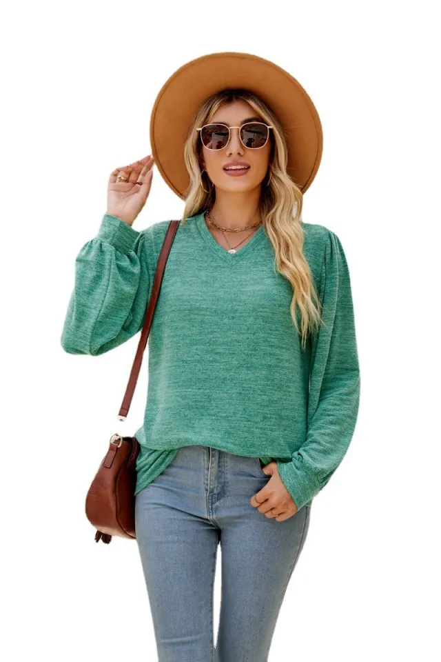 Loose Casual Puff Sleeve V neck Long Sleeve Top Women Green - Shop at LoveMi