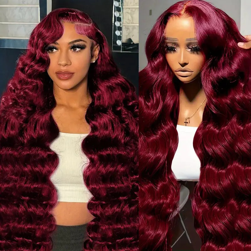 Womens Burgundy Long Curly Lace Wig Made From Heat-resistant Synthetic Fibers