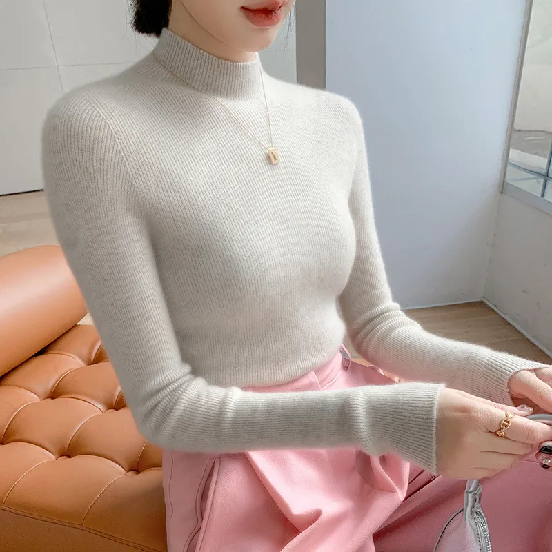 Warm Long Sleeves Knitted Half Turtleneck Women's Base Shirt - Apricot