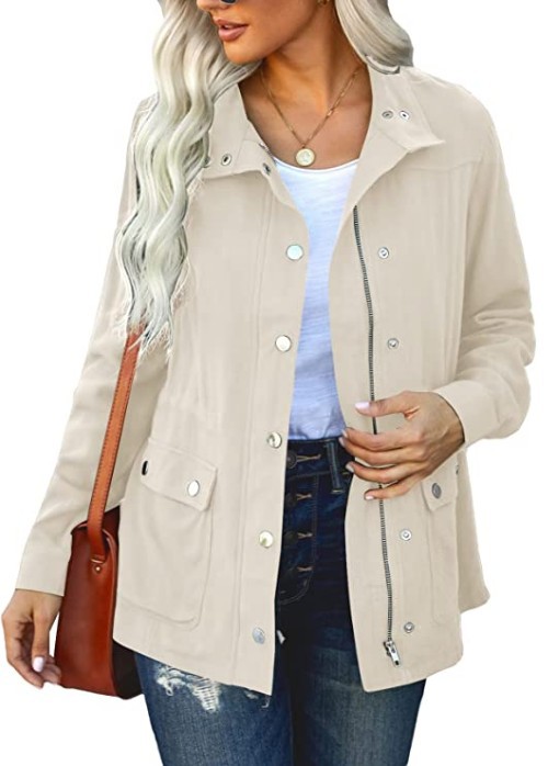 European And American Fashion Polo Collar Solid Color Cardigan Top Beige - Shop at LoveMi