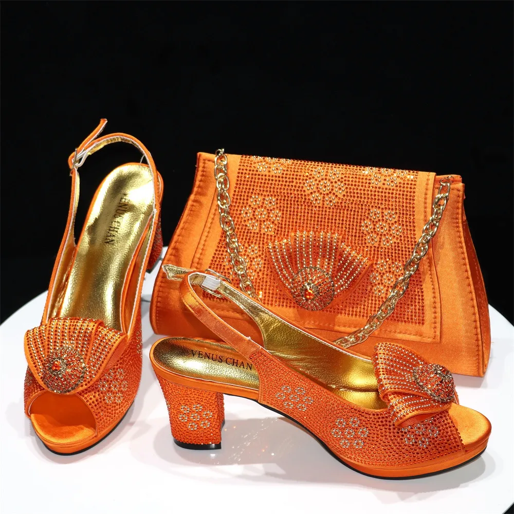 Peep Toe Shoes Rhinestone Chunky Heel High Heel Clutch - Orange