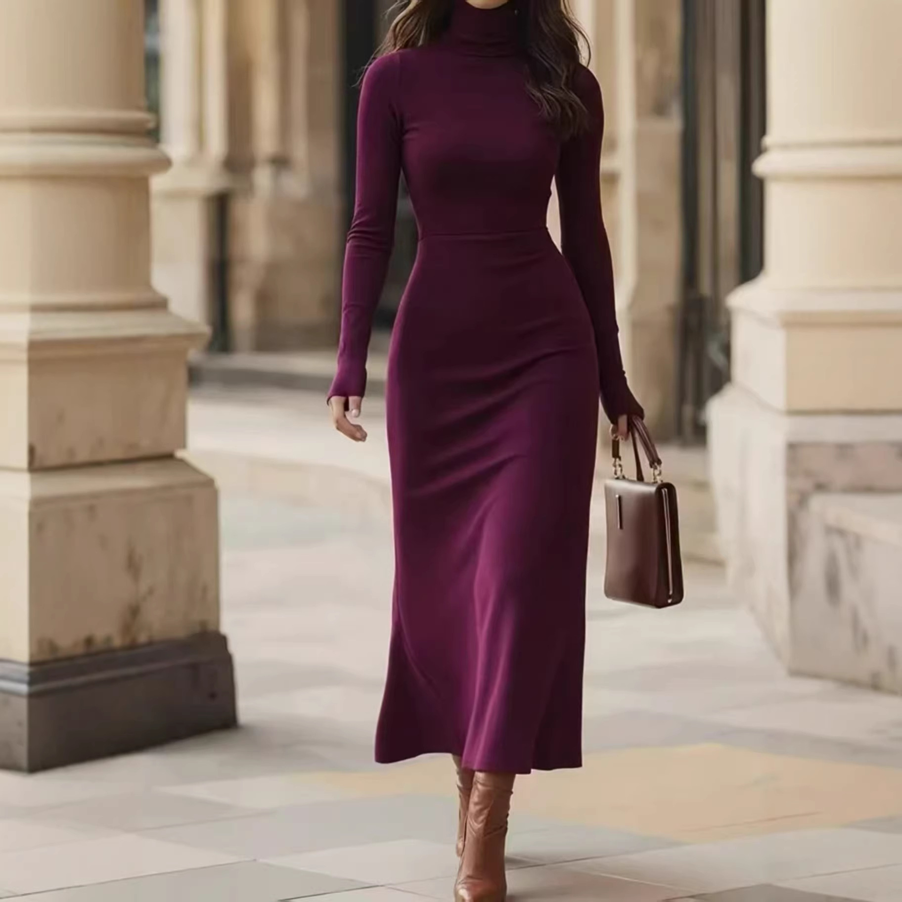 Elegant Turtleneck Slim-fit Long-sleeve Dress For Women