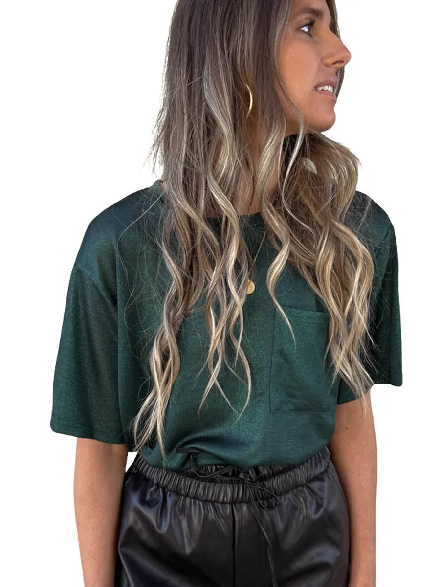 Solid Color Chest Pocket Loose Design Short Sleeve - Green