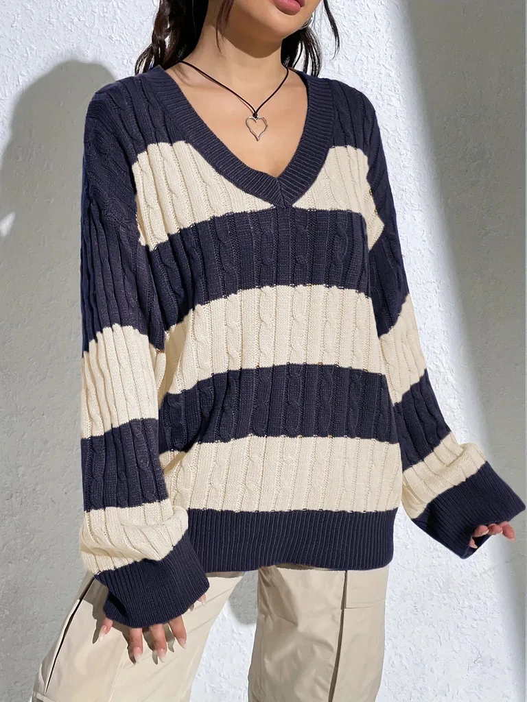 Contrast Colour V-neck Loose-fitting Long Sleeve Sweater Women - Grey