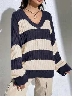 Contrast Colour V-neck Loose-fitting Long Sleeve Sweater Women - Grey - View 1