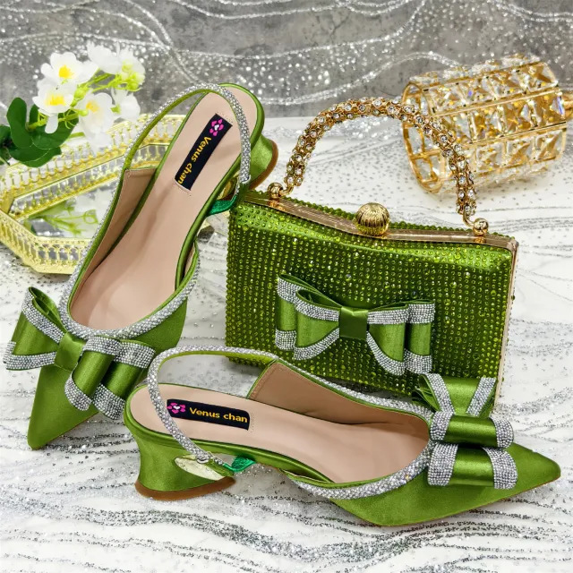 Women's Pointed Sandals Rhinestone Matching Square Rhinestone Bag Olive - Shop at LoveMi