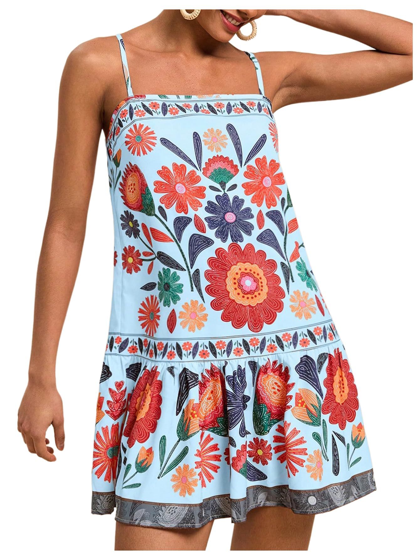 Printed Bohemian Flowy Sling Vacation Style Casual Loose Dress Light Blue - Shop at LoveMi