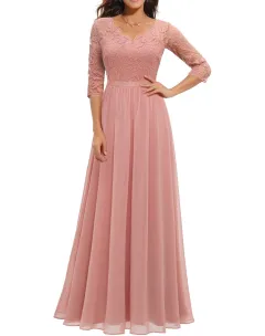 Lace Long Patchwork Waist Dress - Pink - View 1