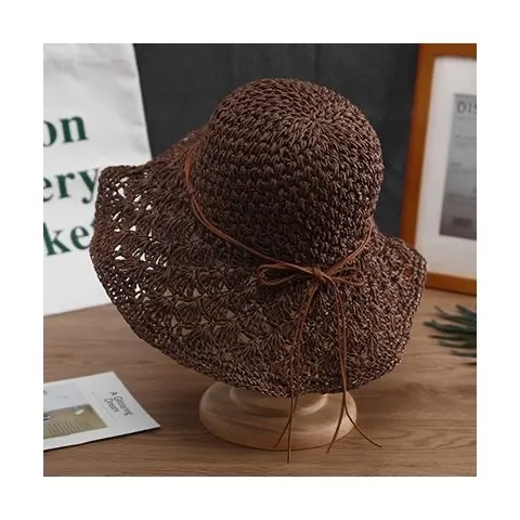 Finished Hand woven Summer Travel Sunshade Beach Straw Cover Face UV All matching Hat Tide Coffee - Shop at LoveMi