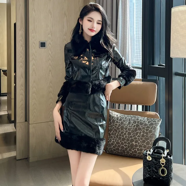 Autumn And Winter Clothing New Fashion Short Leather Coat Sheath Skirt Two piece Set Black - Shop at LoveMi