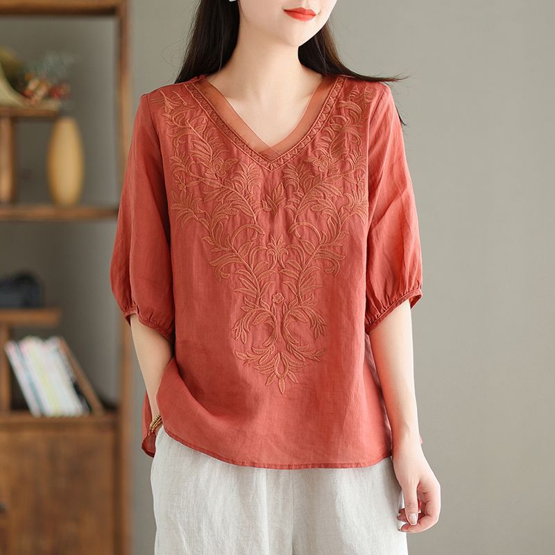 Embroidered Casual Versatile Lightweight High-end Cotton-linen Shirt — image 1