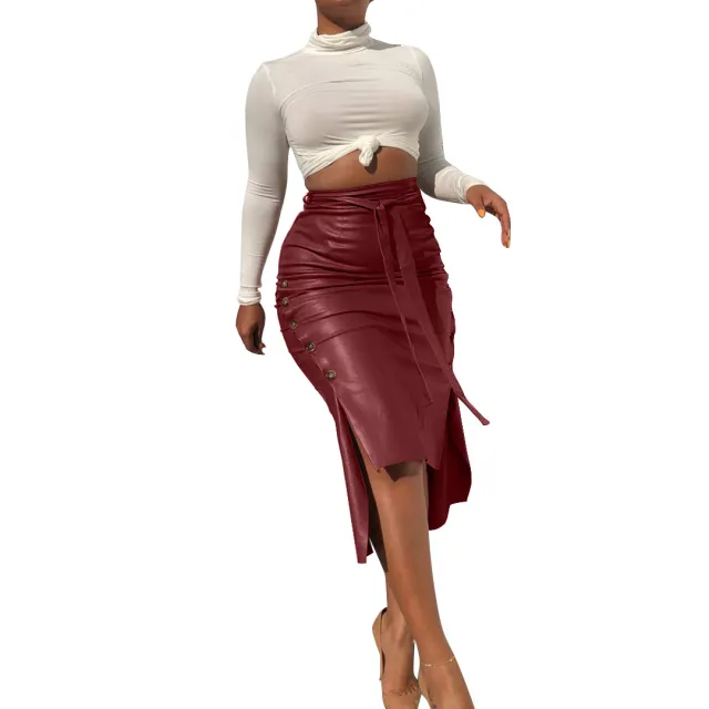 European And American Women's Clothing Sexy Slit Mid length Slim fit Lace Up Skirt Wine Red - Shop at LoveMi
