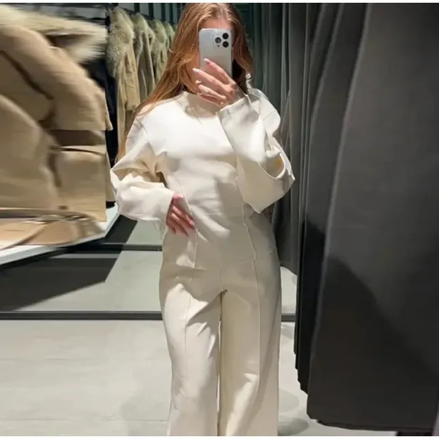 Fashion Long Sleeve O neck Pleated Top Wide Leg Pants Women's Suit Apricot - Shop at LoveMi