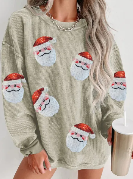 Round Neck Santa Claus Floral Print Long Sleeve Pullover Beige - Shop at LoveMi