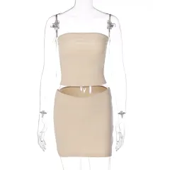 European And American Style Women's Clothing Summer Fashion Casual Horizontal Bra Slim Fit Short Skirt Suit - Apricot - View 1