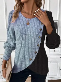 Women's Z Round Neck Multicolour Sunken Stripe Cross Hem Long Sleeve Knitted T-shirt - Blue - View 1