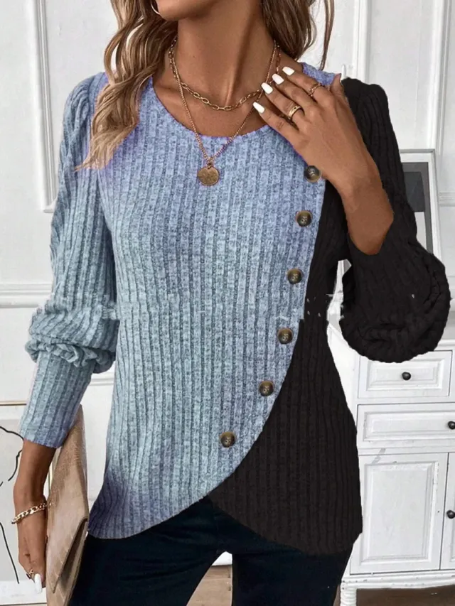 Women's Z Round Neck Multicolor Sunken Stripe Cross Hem Long Sleeve Knitted T shirt Blue - Shop at LoveMi