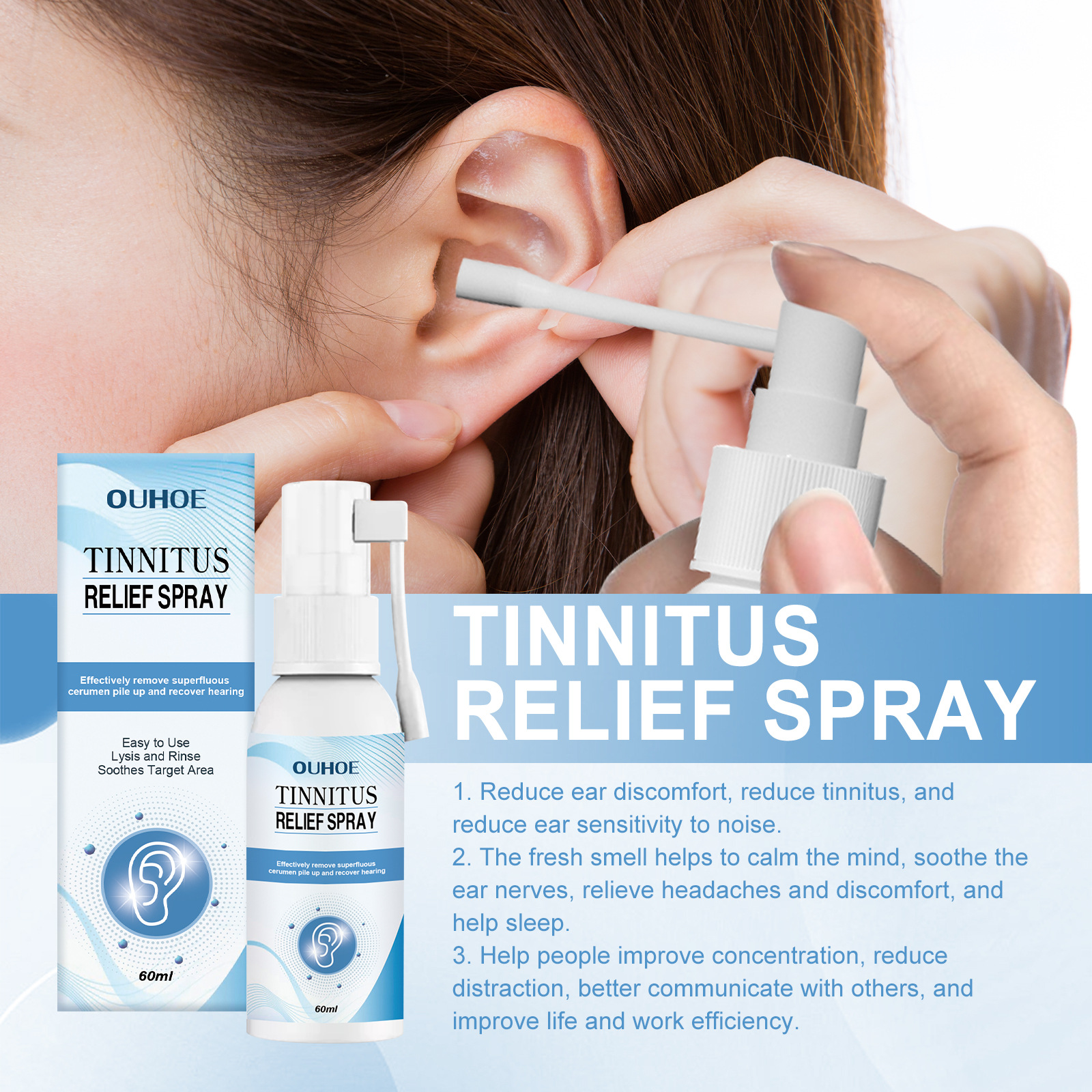 Tinnitus Relief Spray Relieving Ear Discomfort Back Earplugs Earwax Cleaning Care Spray 12