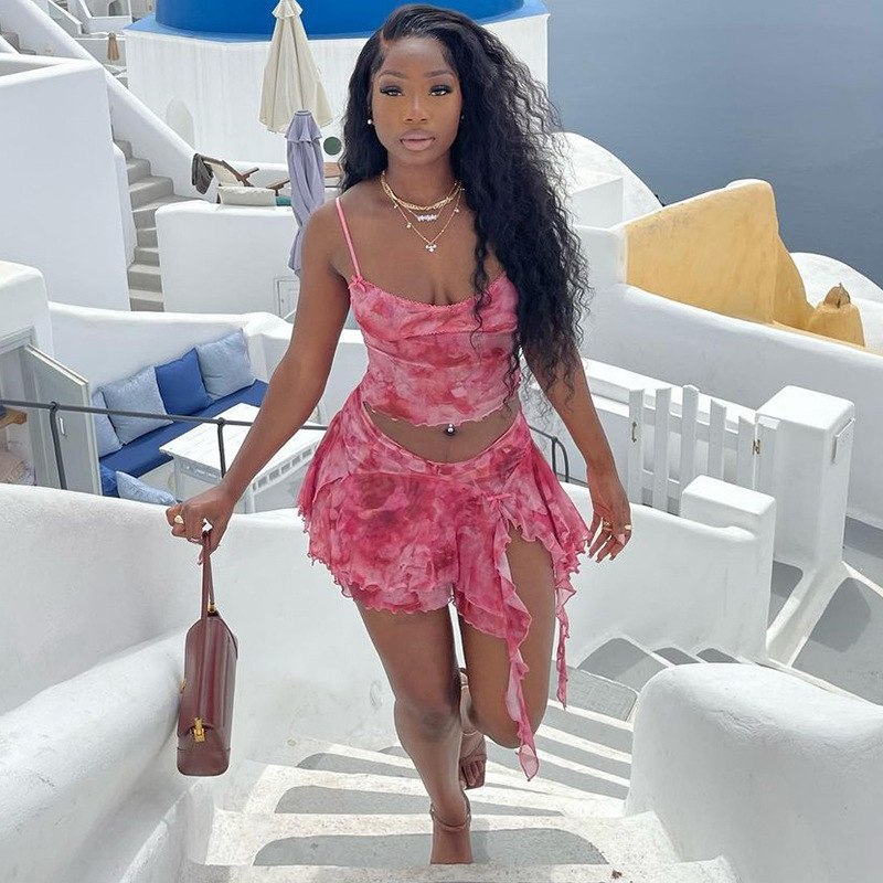 European American Fashion Floral Print Sexy Camisole Split Skirt Two-piece Suit