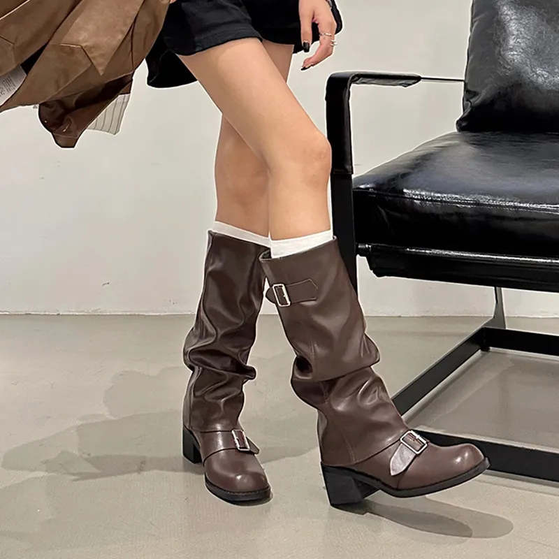 Below The Knee Long Boots Female Chunky Heel Round Head - Brown