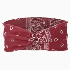 Printed Sports Headband Elastic Knotted Cross Hair Band Paisley Turban - Wine Red - View 1